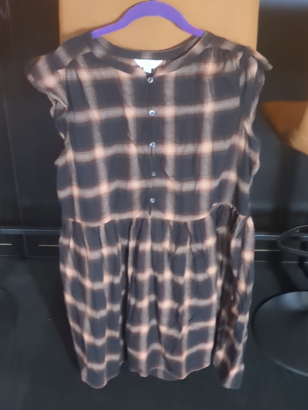 Time And Tru Brown 🤎 Black 🖤 Flannel Cotton Dress Ruffle Slexes Xl 16 18